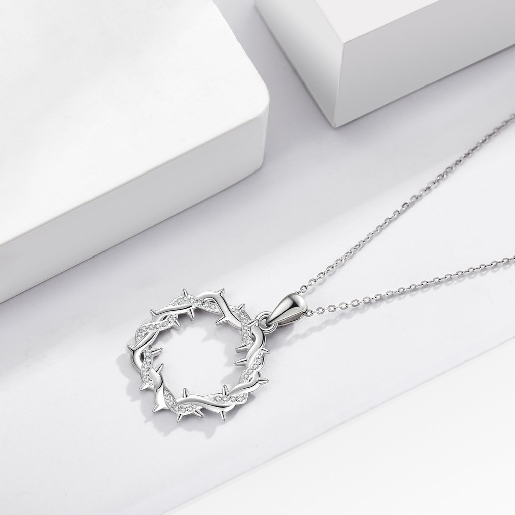 Thorn Cross Inspired Necklace – Silver Christian Faith Pendant Jewelry