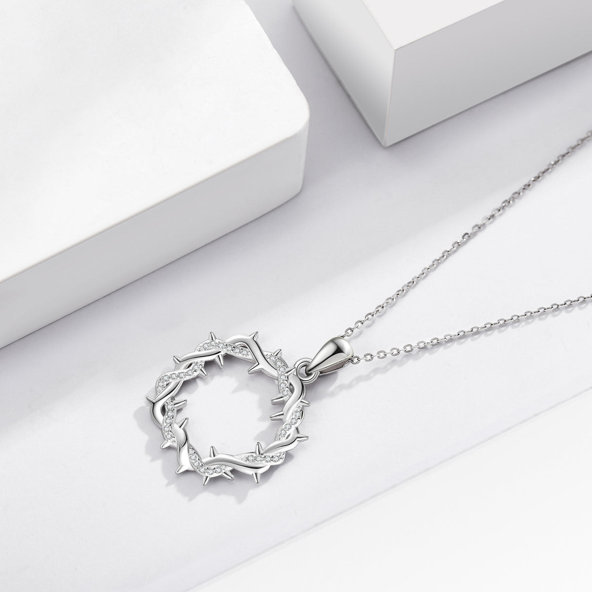 Thorn Cross Inspired Necklace – Silver Christian Faith Pendant Jewelry