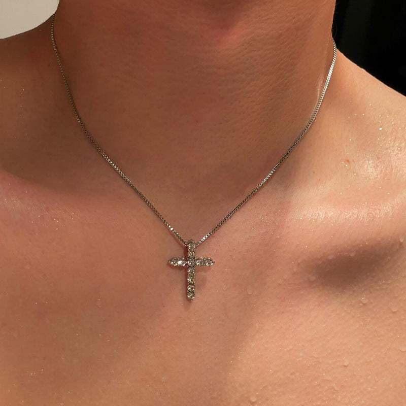 Rhinestone Cross Necklace – Stainless Steel Christian Cross Pendant for Men & Women