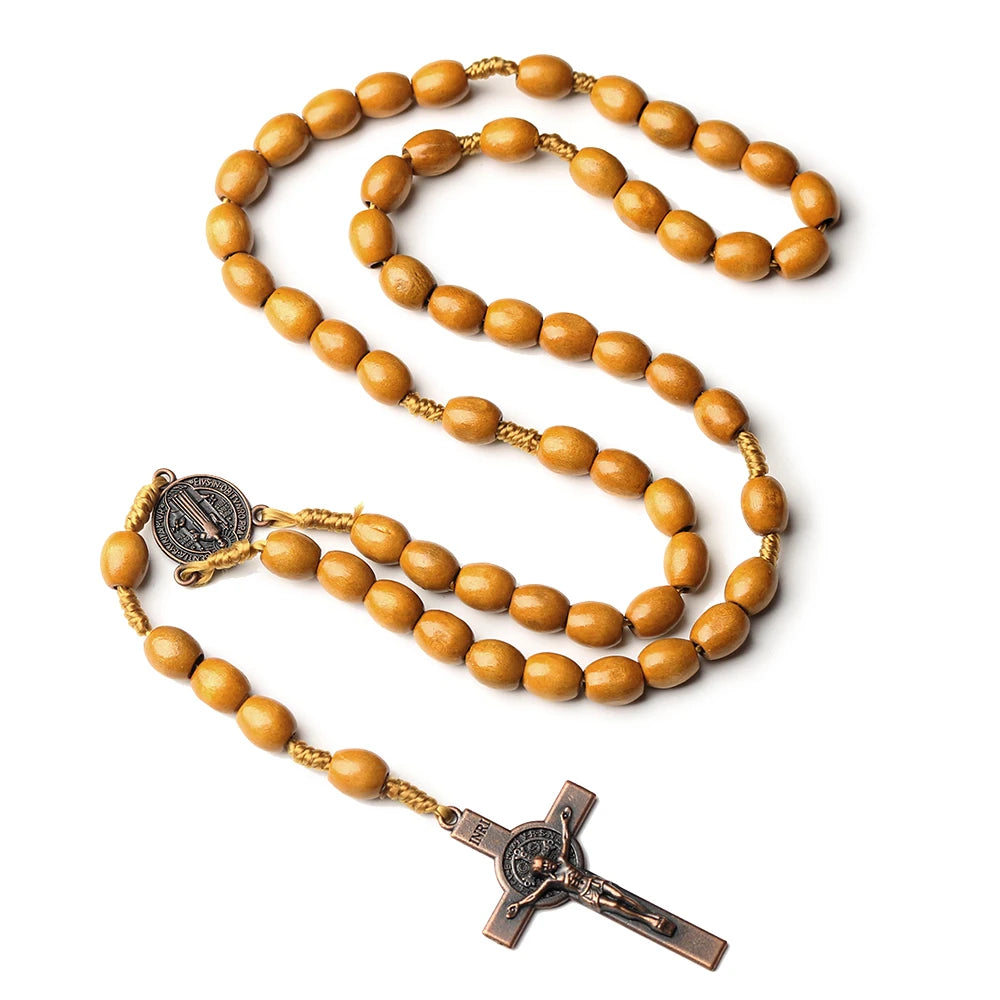 Catholic Rosary Necklace Wooden Prayer Beads 8x10mm Cross