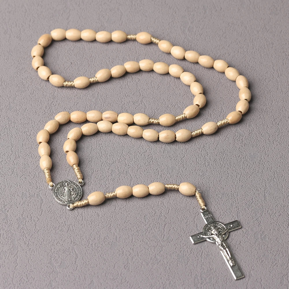 Catholic Rosary Necklace Wooden Prayer Beads 8x10mm Cross