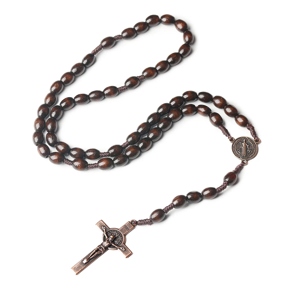Catholic Rosary Necklace Wooden Prayer Beads 8x10mm Cross