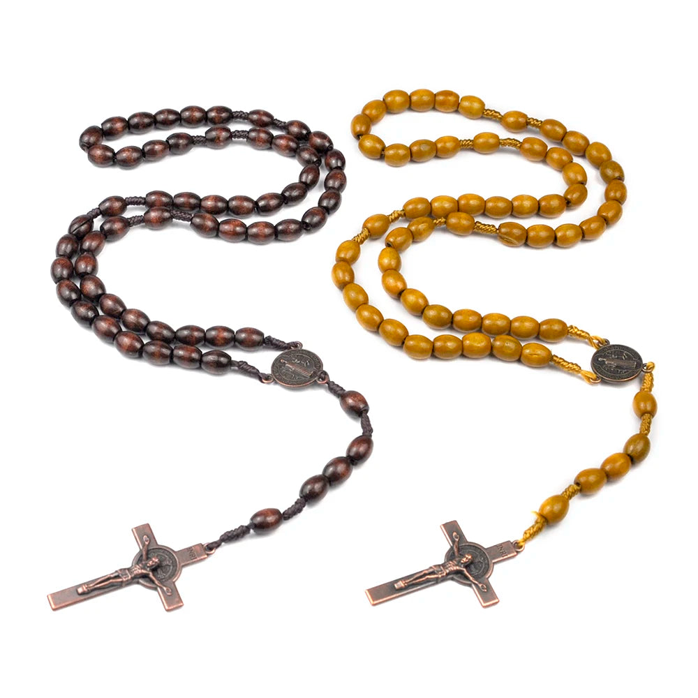 Catholic Rosary Necklace Wooden Prayer Beads 8x10mm Cross
