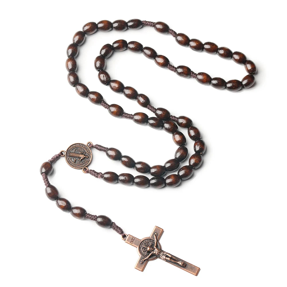 Catholic Rosary Necklace Wooden Prayer Beads 8x10mm Cross