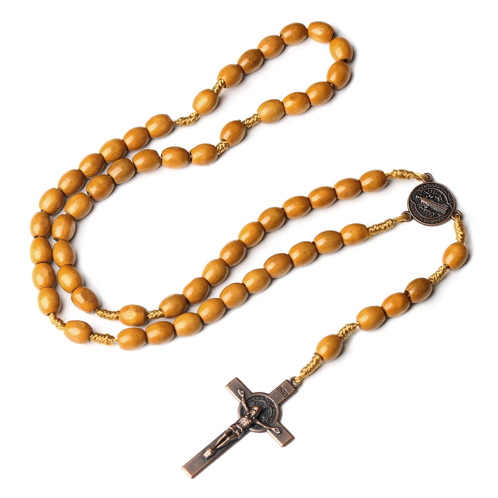 Catholic Rosary Necklace Wooden Prayer Beads 8x10mm Cross