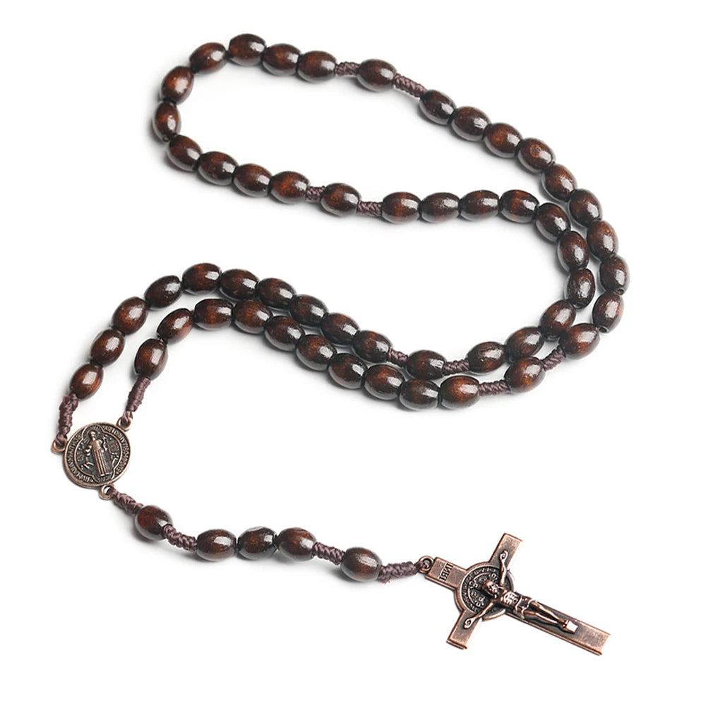 Catholic Rosary Necklace Wooden Prayer Beads 8x10mm Cross