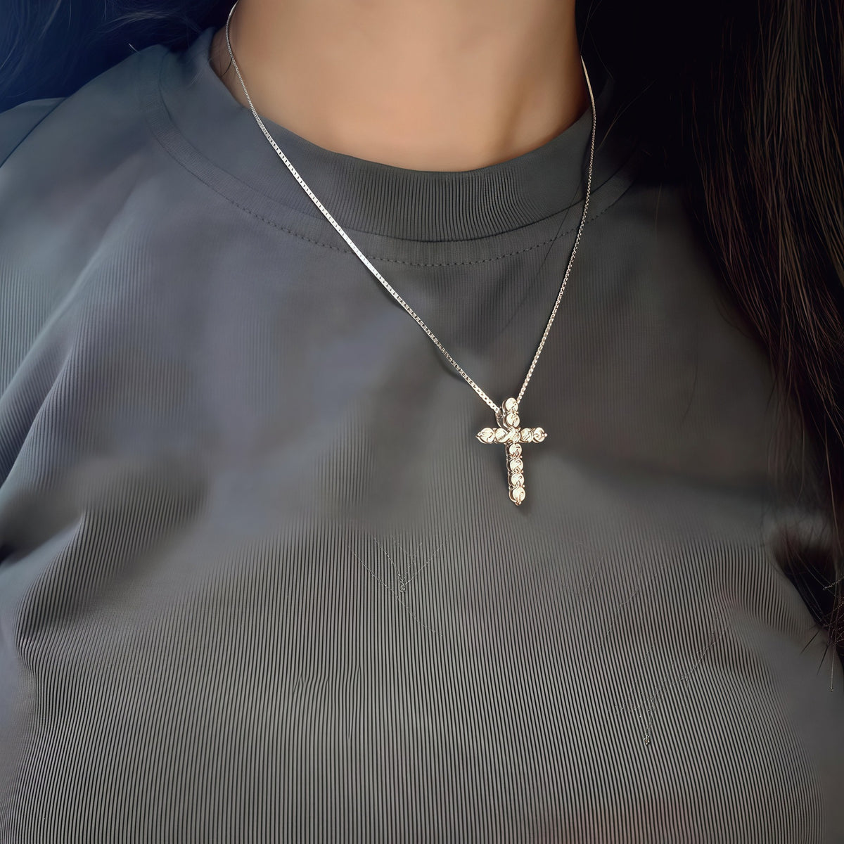 Rhinestone Cross Necklace – Stainless Steel Christian Cross Pendant for Men & Women