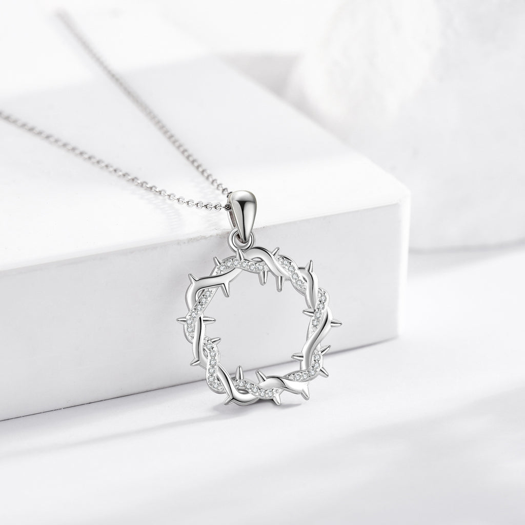 Thorn Cross Inspired Necklace – Silver Christian Faith Pendant Jewelry