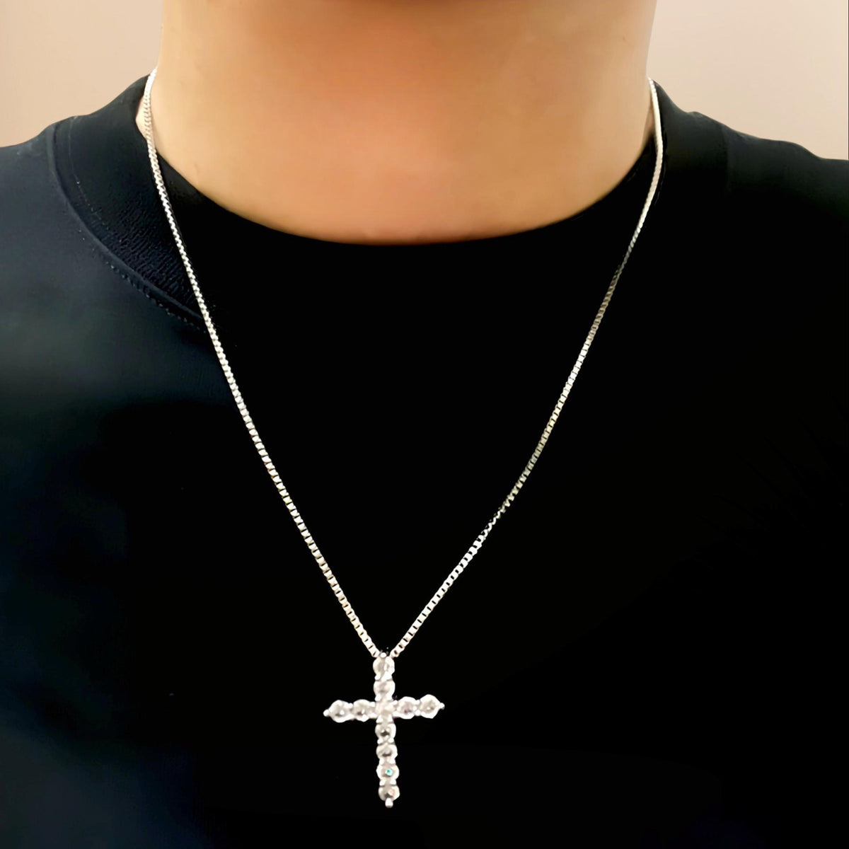 Rhinestone Cross Necklace – Stainless Steel Christian Cross Pendant for Men & Women